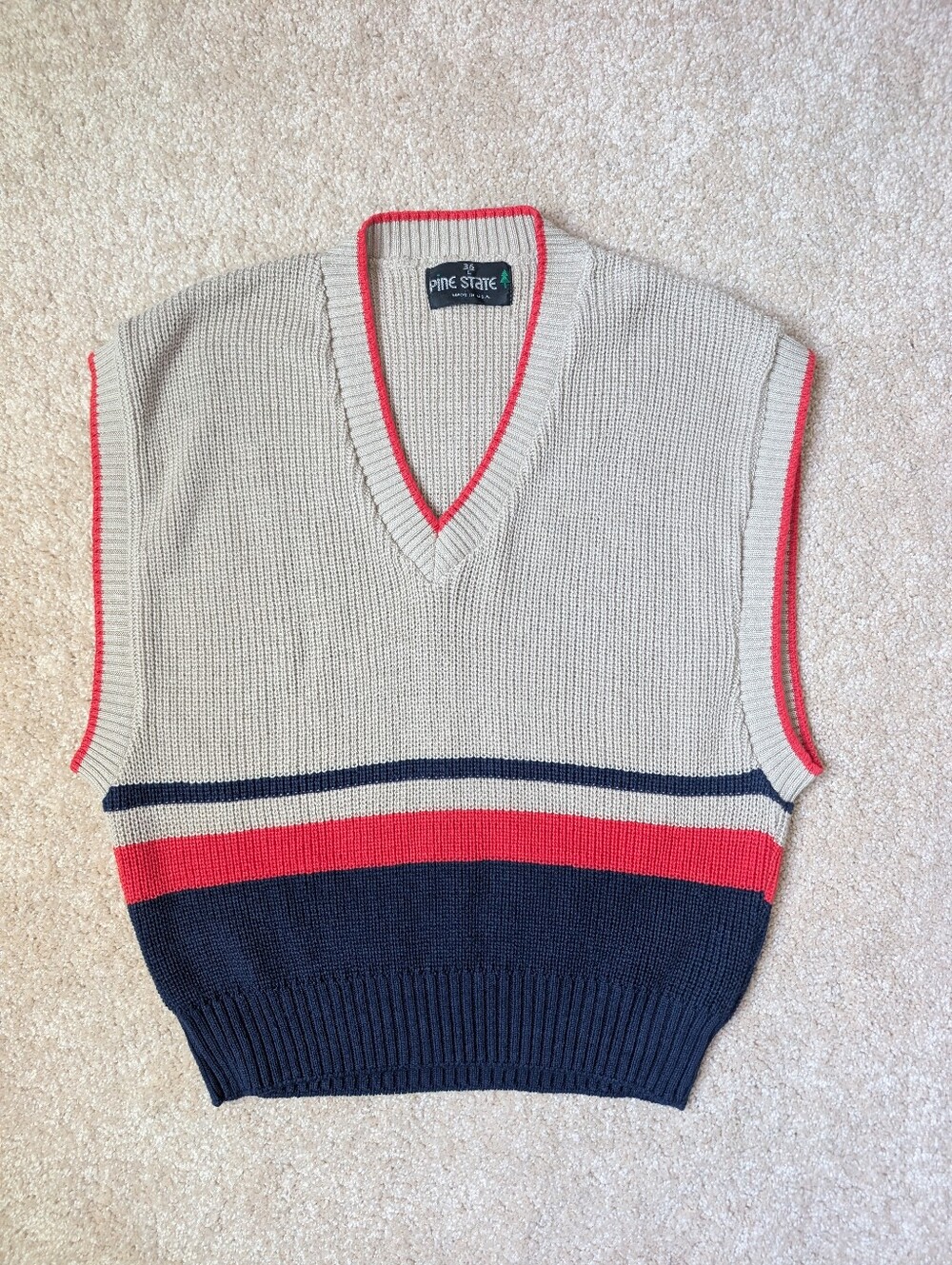 Vtg Pine State Tan Red Blue V-neck Knit Sweater Vest
